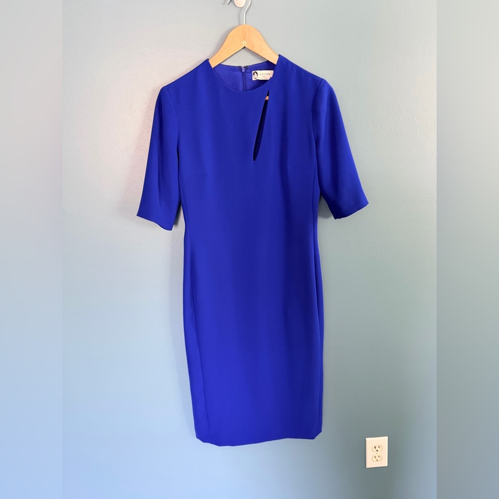 Lanvin Dress Paris Sz 6 Signature Blue Mid Sleeve with cutout